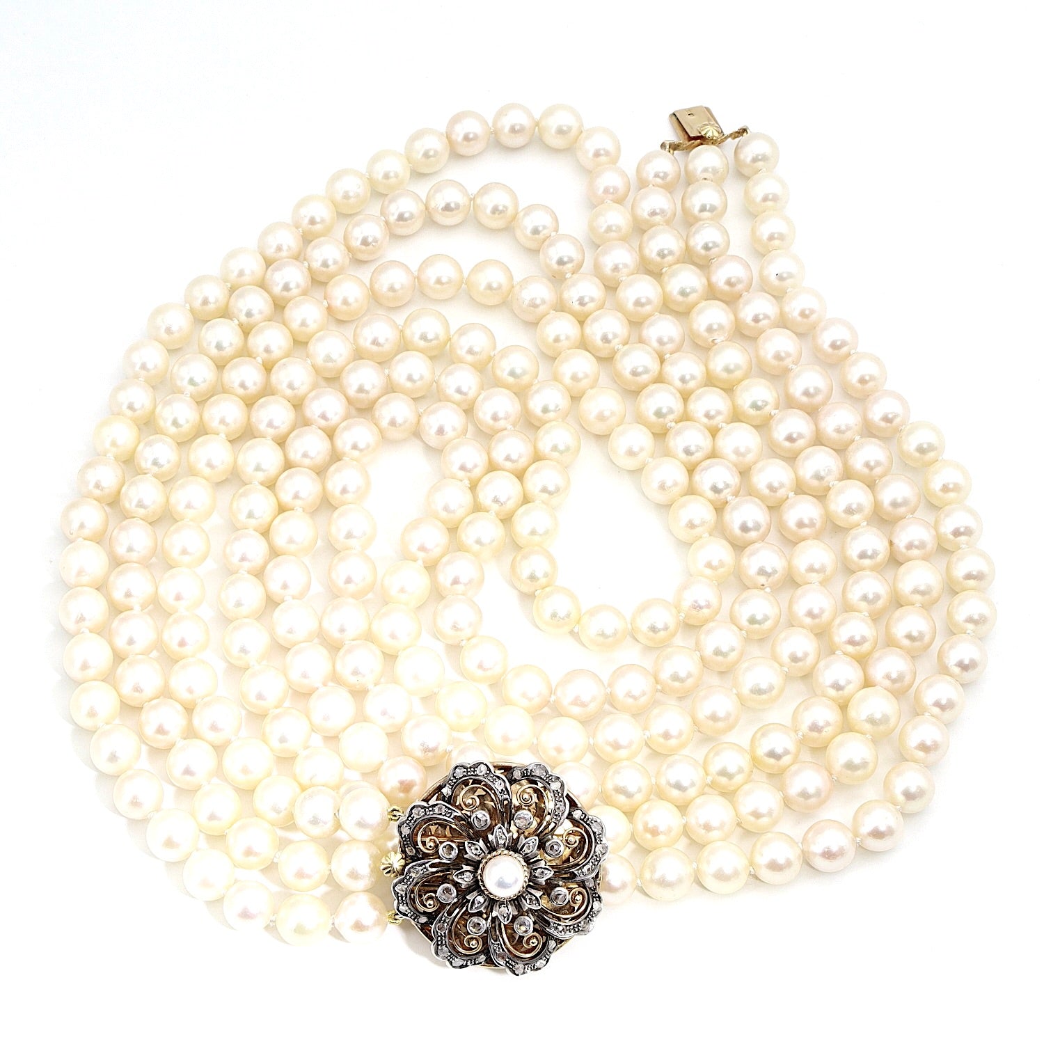 Großes Zuchtperlencollier mit einem Goldschloss, Frankreich um 1800 mit Diamanten, liegend Draufsicht 1