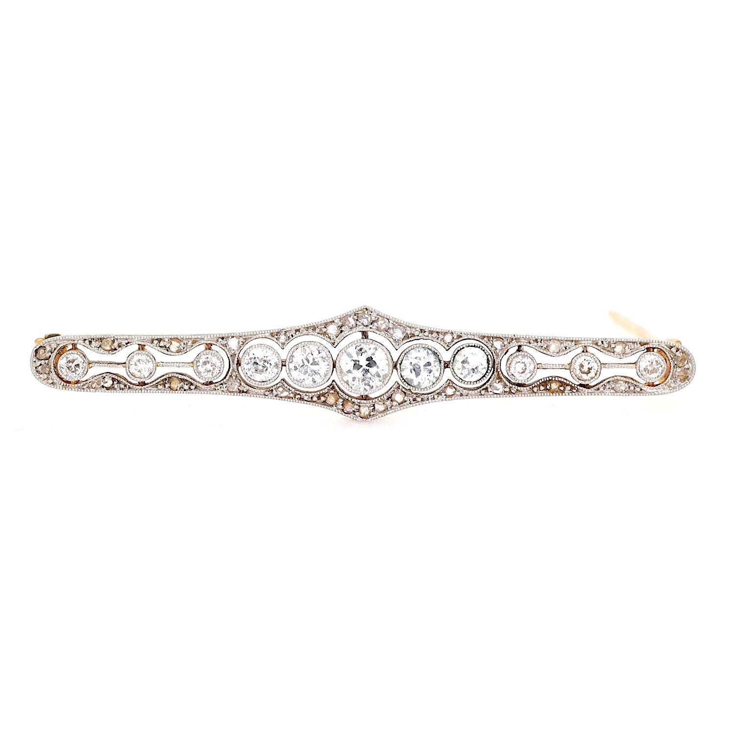 Art Déco Brosche aus 585er Gold und Platin mit Diamanten, liegend frontal