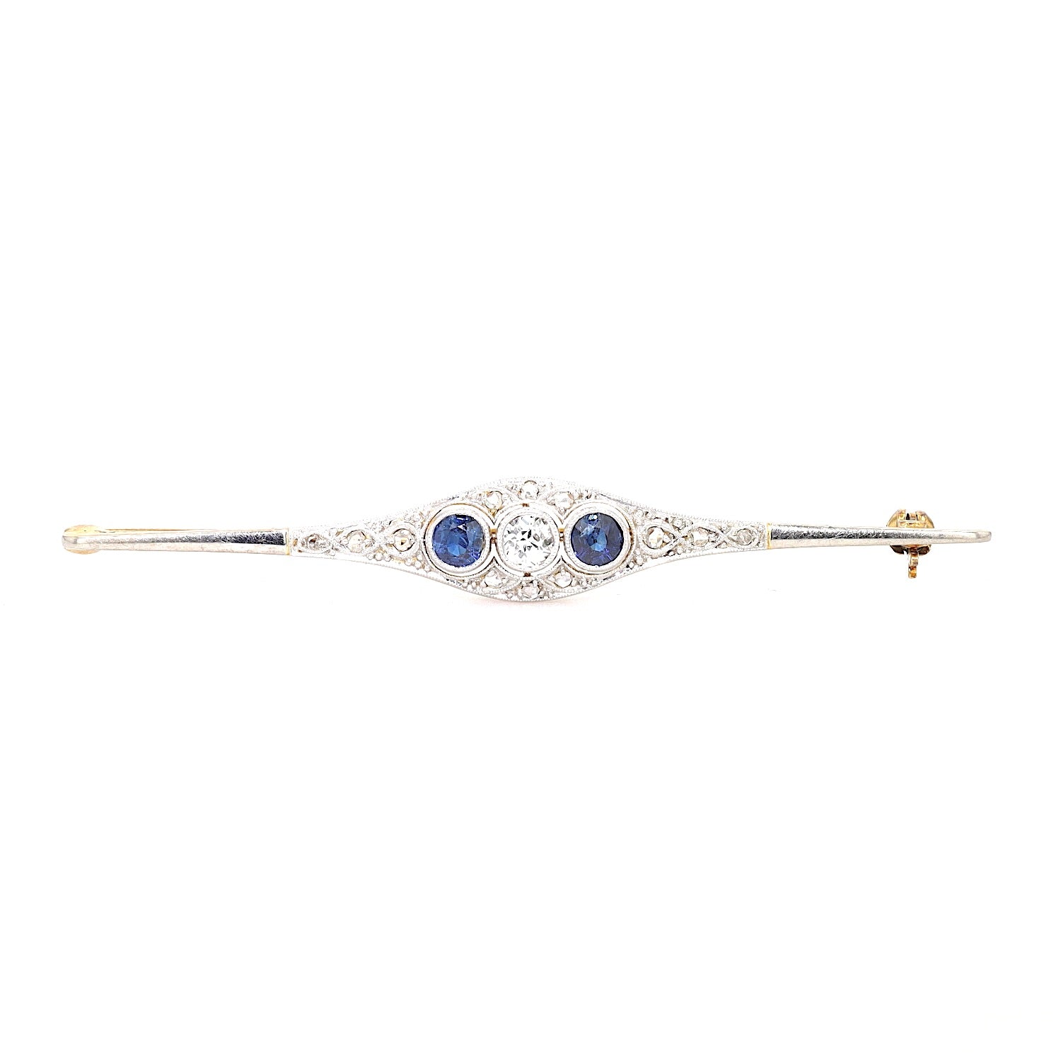 Art Déco Brosche aus 585er Gold und Platin mit Diamanten und Saphiren, liegend frontal