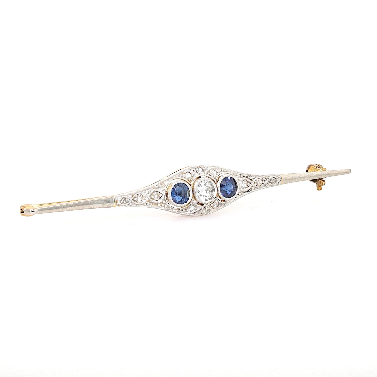 Art Déco Brosche aus 585er Gold und Platin mit Diamanten und Saphiren, liegend rechts gedreht