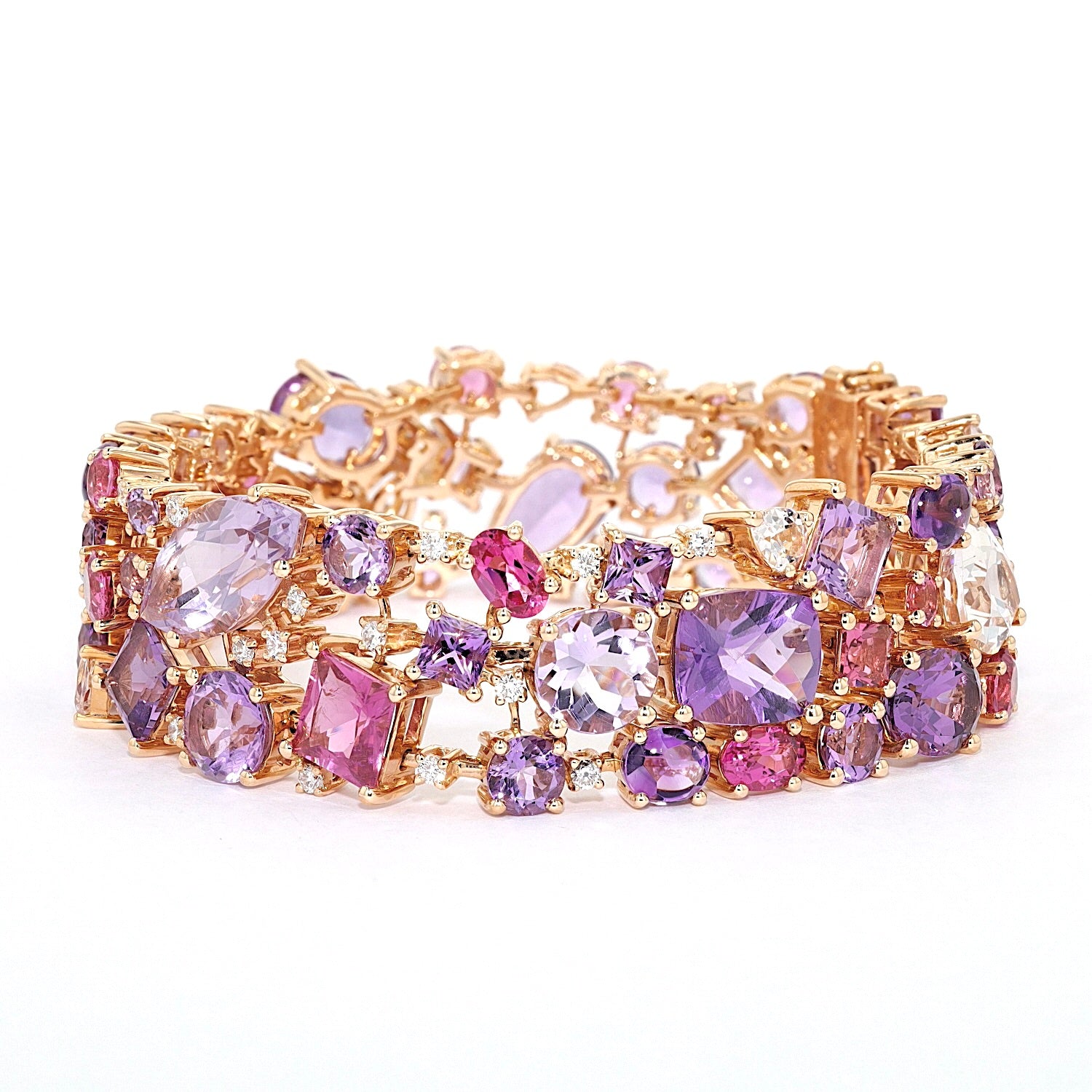 Armband von Buchwald in 750er Rotgold mit Amethysten, Turmalinen, Saphiren, Rubelliten, Morganiten und Brillanten, liegend links gedreht