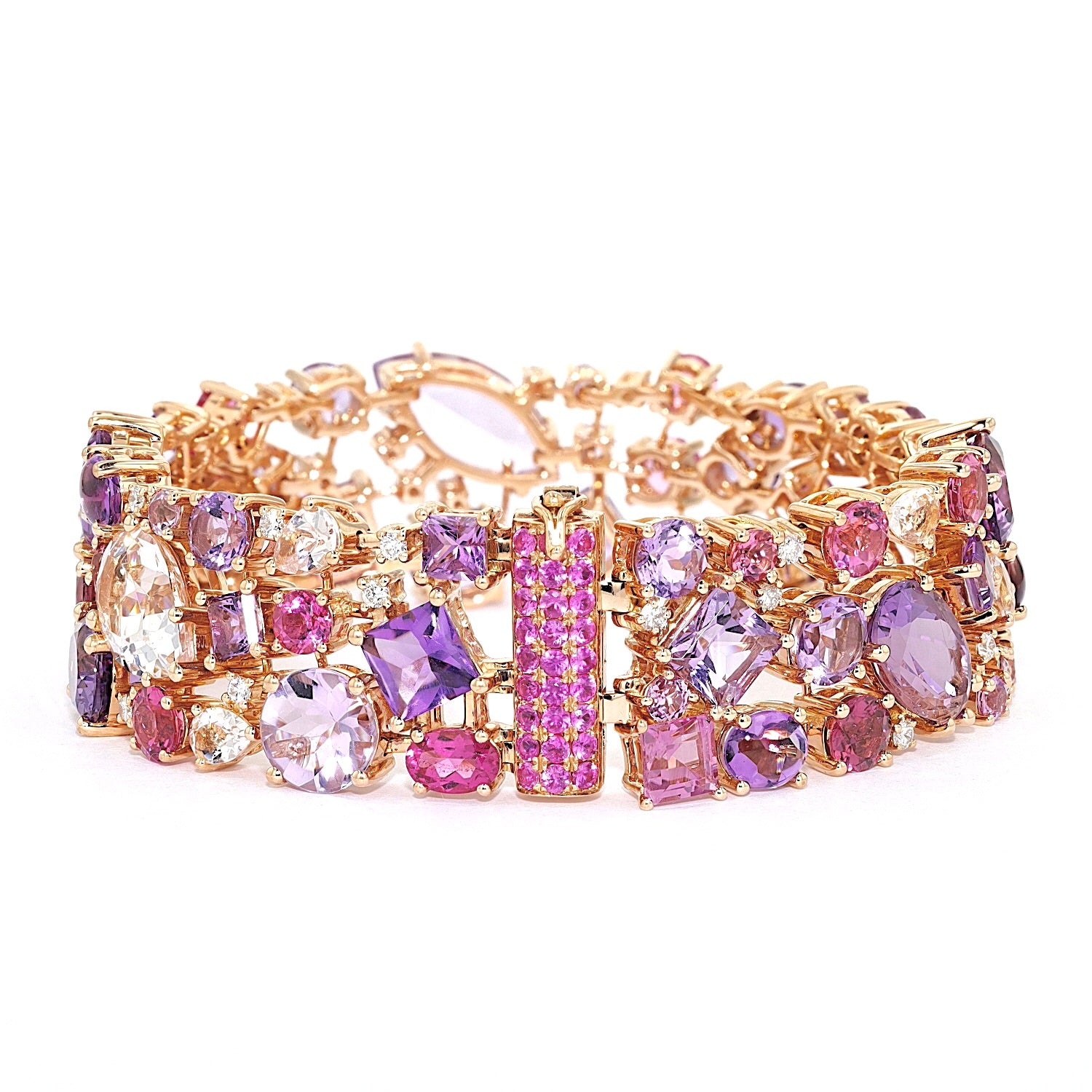Armband von Buchwald in 750er Rotgold mit Amethysten, Turmalinen, Saphiren, Rubelliten, Morganiten und Brillanten, liegend frontal Schloss