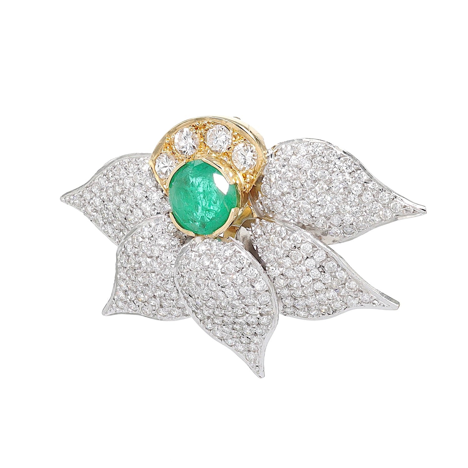 Anhänger / Brosche in 750er Gold mit Brillanten und einem Smaragd, hängend links gedreht
