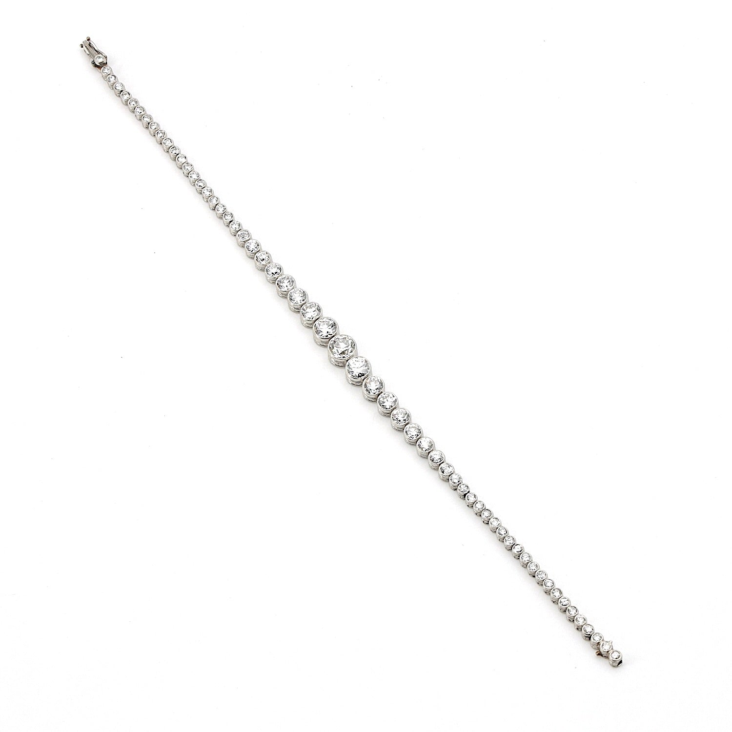 Art Deco Tennisarmband in Platin mit insgesamt ca. 5,1 ct Diamanten im Altschliff, liegend Draufsicht