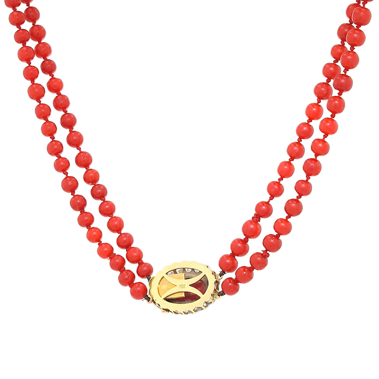 Vintage Collier mit Edelkorallen und einem Schloss aus 750er Gelbgold mit insgesamt ca. 1,8 ct Brillanten, hängend Rückseite