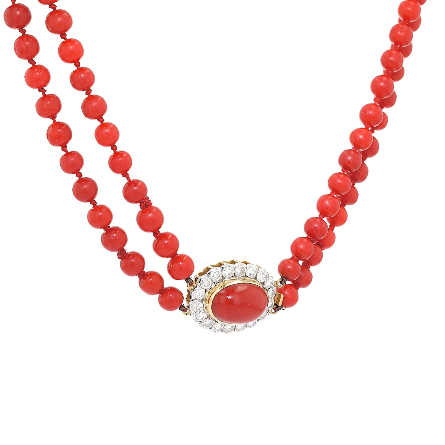 Vintage Collier mit Edelkorallen und einem Schloss aus 750er Gelbgold mit insgesamt ca. 1,8 ct Brillanten, hängend rechts gedreht