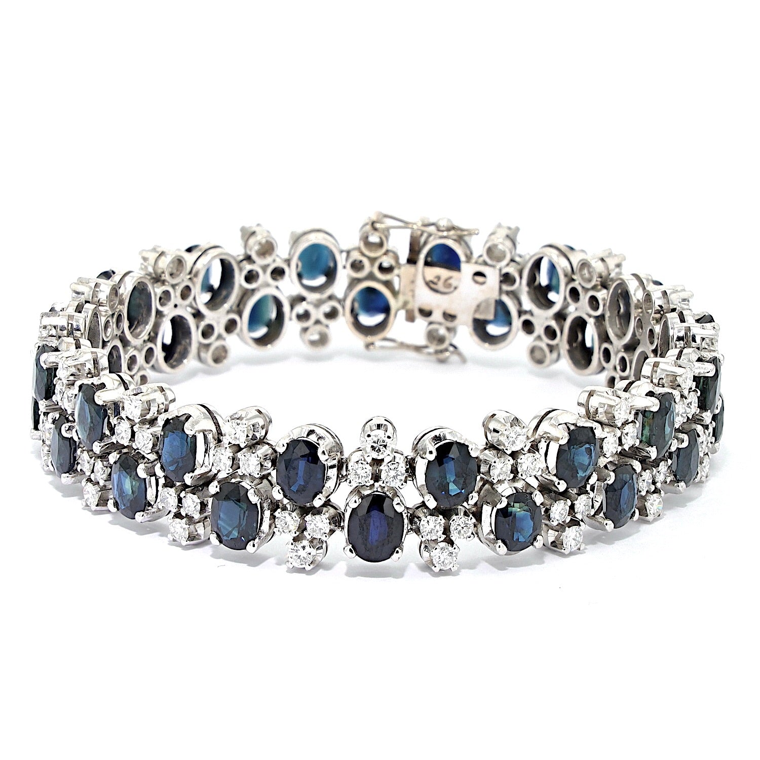 Vintage Armband in 585er Weißgold mit Brillanten und Saphiren, liegend frontal