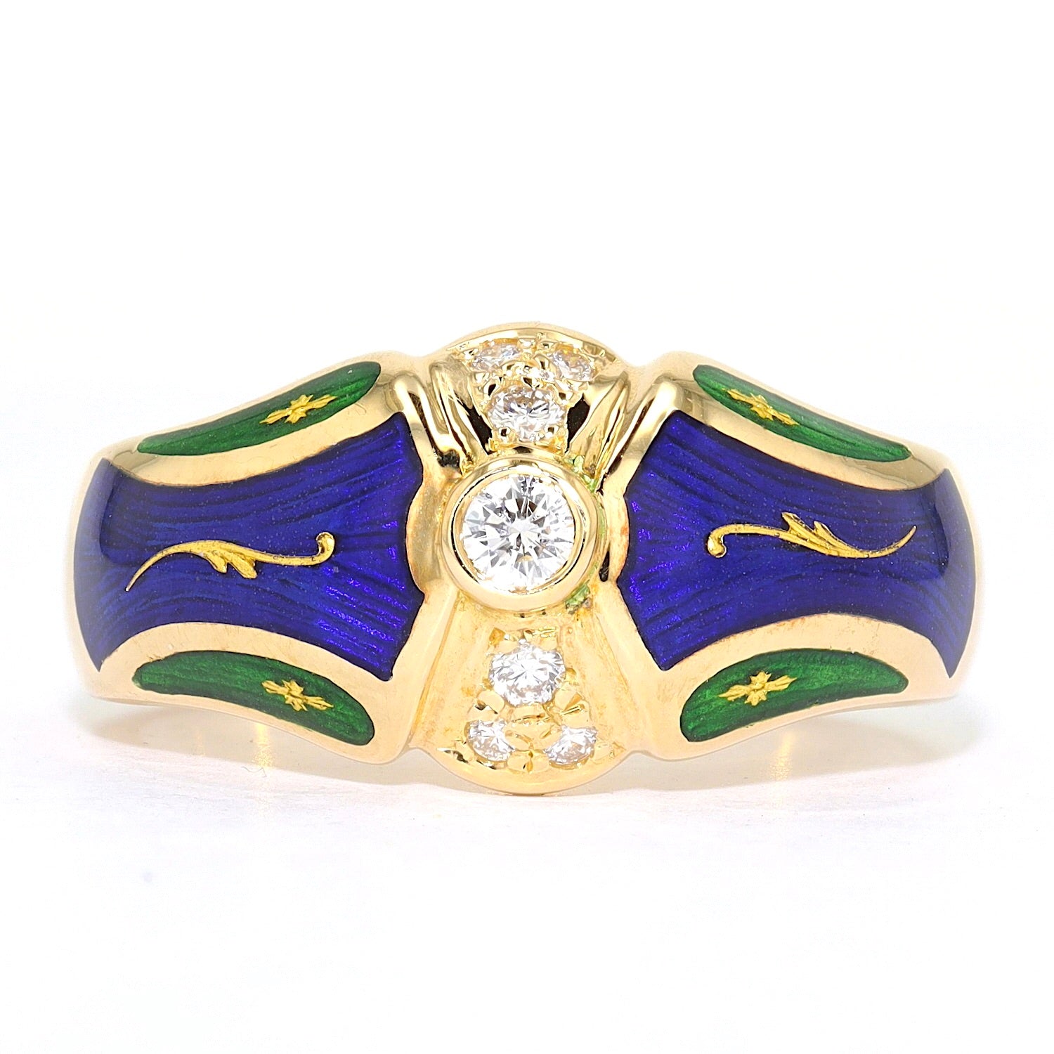 Fabergé Ring, limitiert, in 750er Gold mit Brillanten und grüner und blauer Emaille, liegend frontal