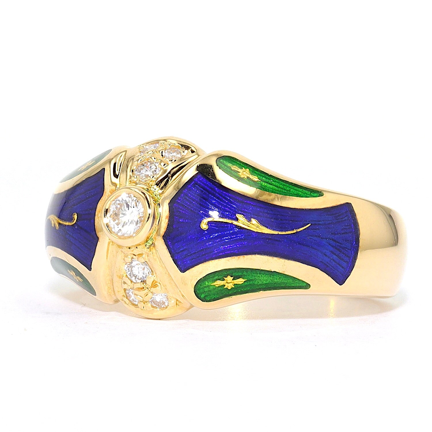 Fabergé Ring, limitiert, in 750er Gold mit Brillanten und grüner und blauer Emaille, liegend links gedreht