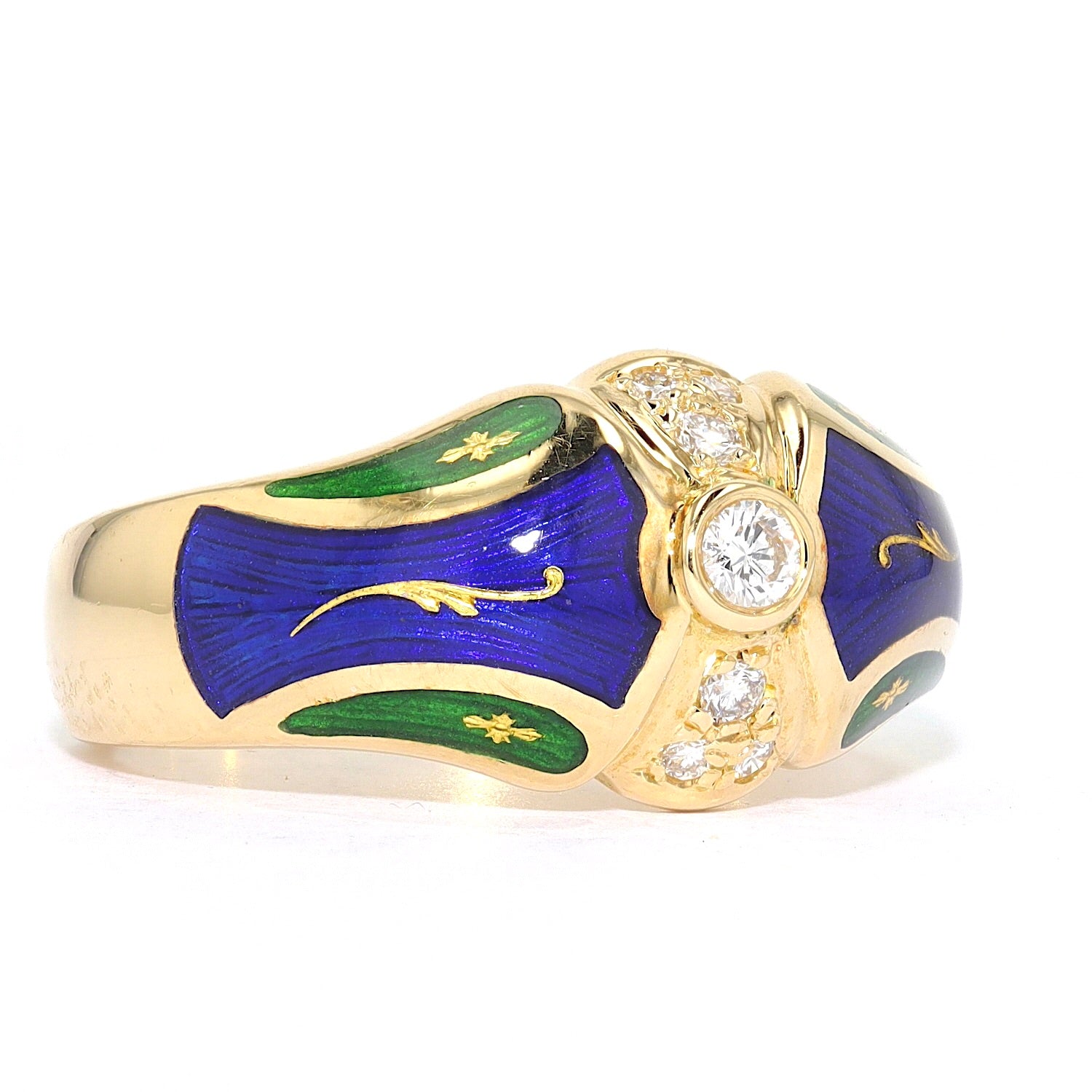 Fabergé Ring, limitiert, in 750er Gold mit Brillanten und grüner und blauer Emaille, liegend rechts gedreht