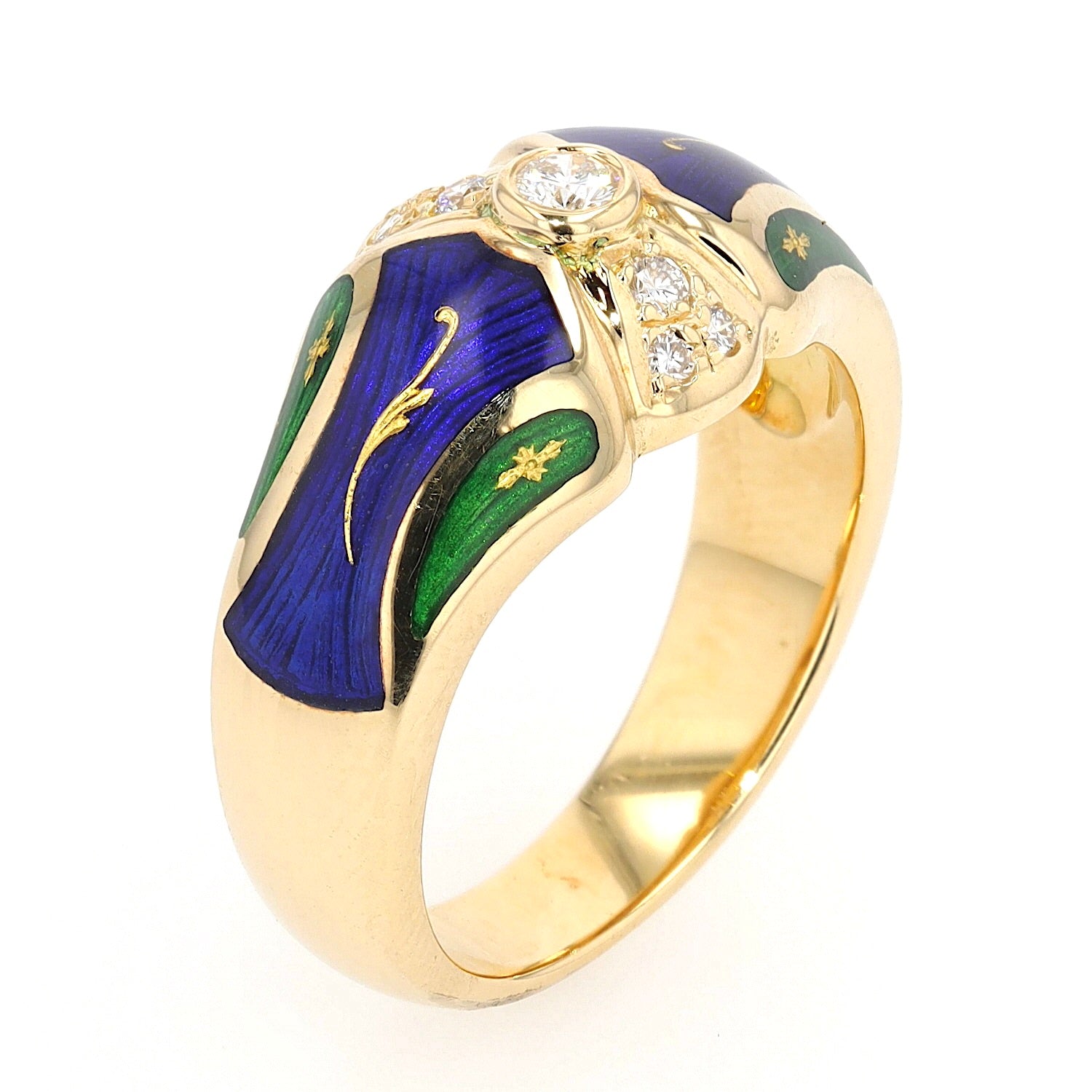 Fabergé Ring, limitiert, in 750er Gold mit Brillanten und grüner und blauer Emaille, stehend
