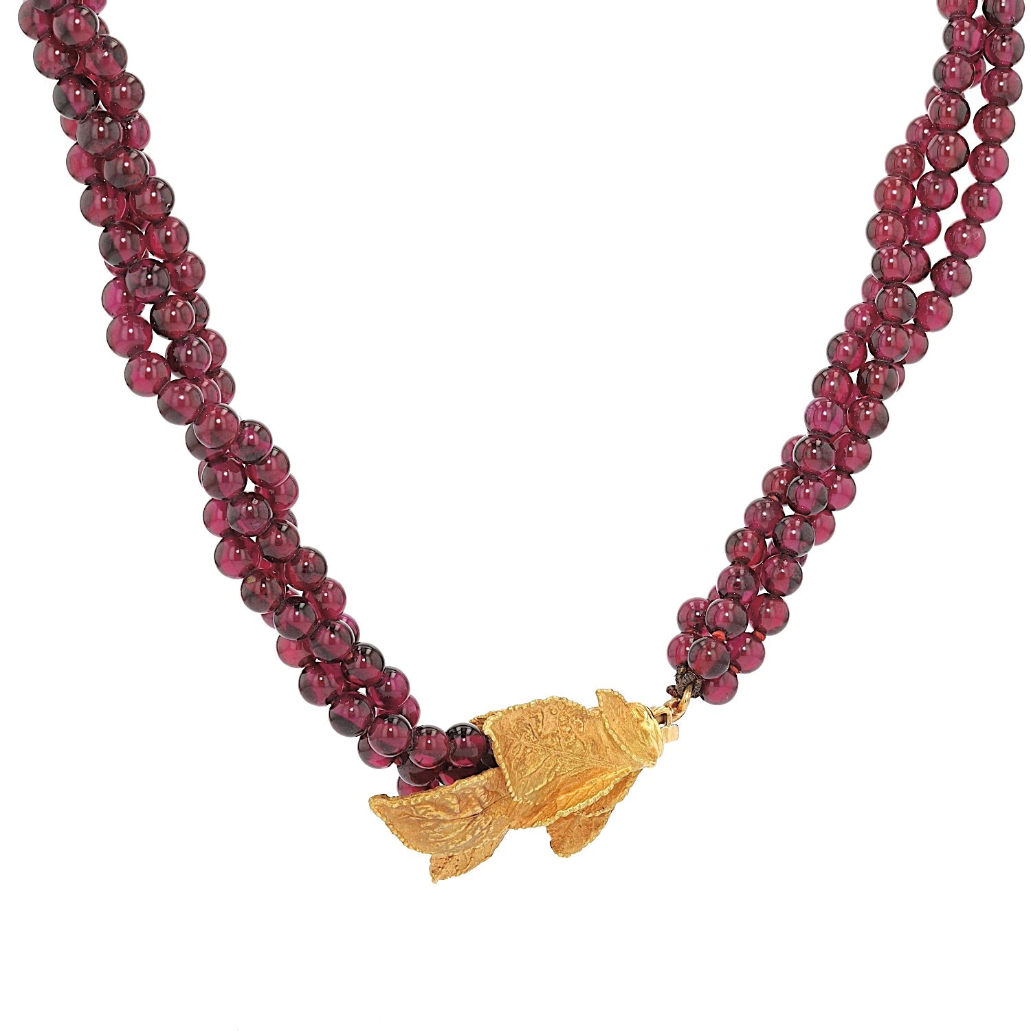 Ehinger Schwarz Collier aus Rhodolith Kugeln und einem Schloss aus 750er Gelbgold, hängend rechts gedreht
