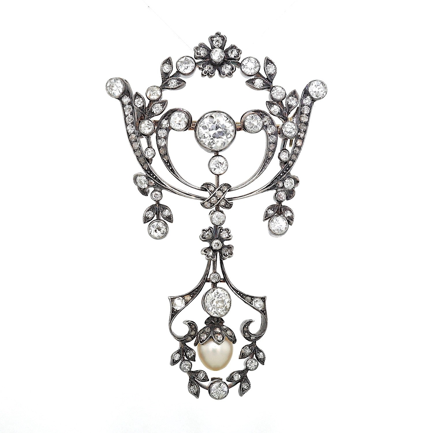 Viktorianische Brosche aus 585er Gold und Silber mit insgesamt ca. 2,8 ct Diamanten und einer Naturperle, hängend frontal