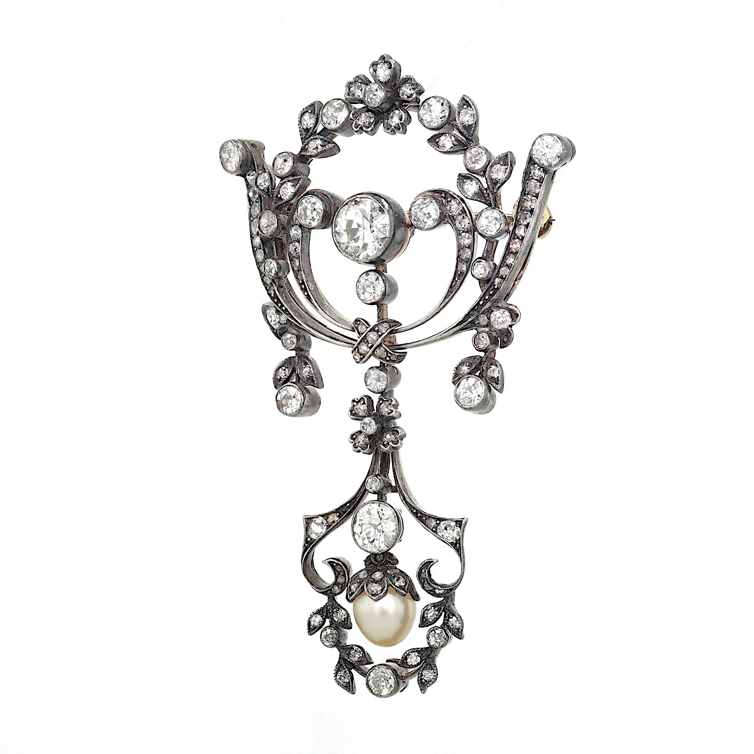 Viktorianische Brosche aus 585er Gold und Silber mit insgesamt ca. 2,8 ct Diamanten und einer Naturperle, hängend links gedreht