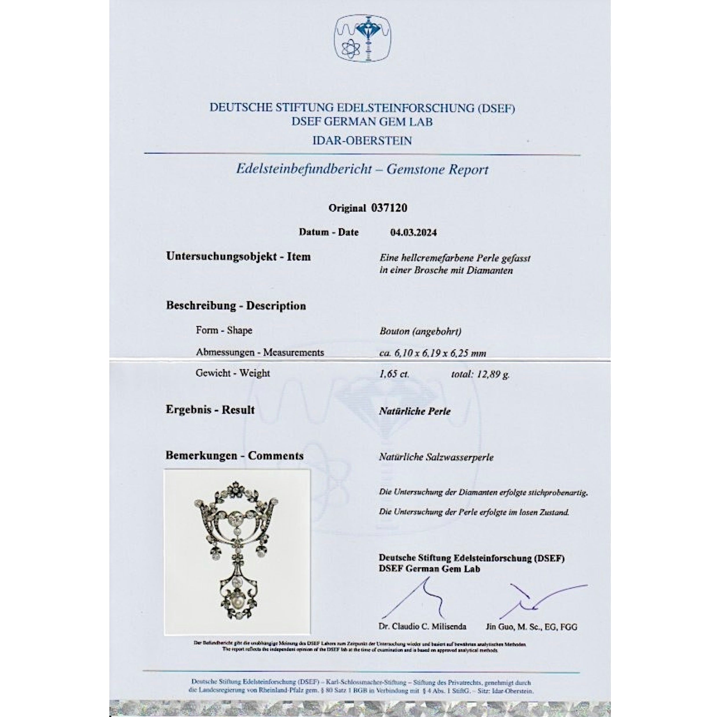 Viktorianische Brosche aus 585er Gold und Silber mit insgesamt ca. 2,8 ct Diamanten und einer Naturperle, DSEF Zertifikat