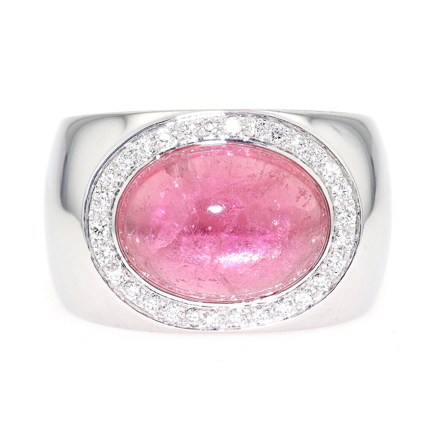 Massiver Statement Ring aus 750er Weißgold mit einem pinkfarbenen Turmalin-Cabochon und Brillanten