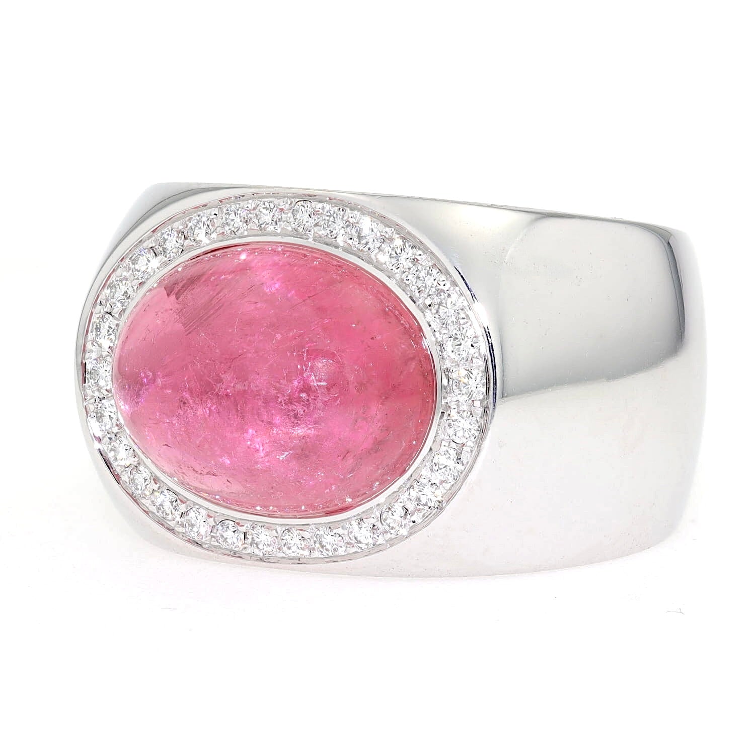 Massiver Statement Ring aus 750er Weißgold mit einem pinkfarbenen Turmalin-Cabochon und Brillanten