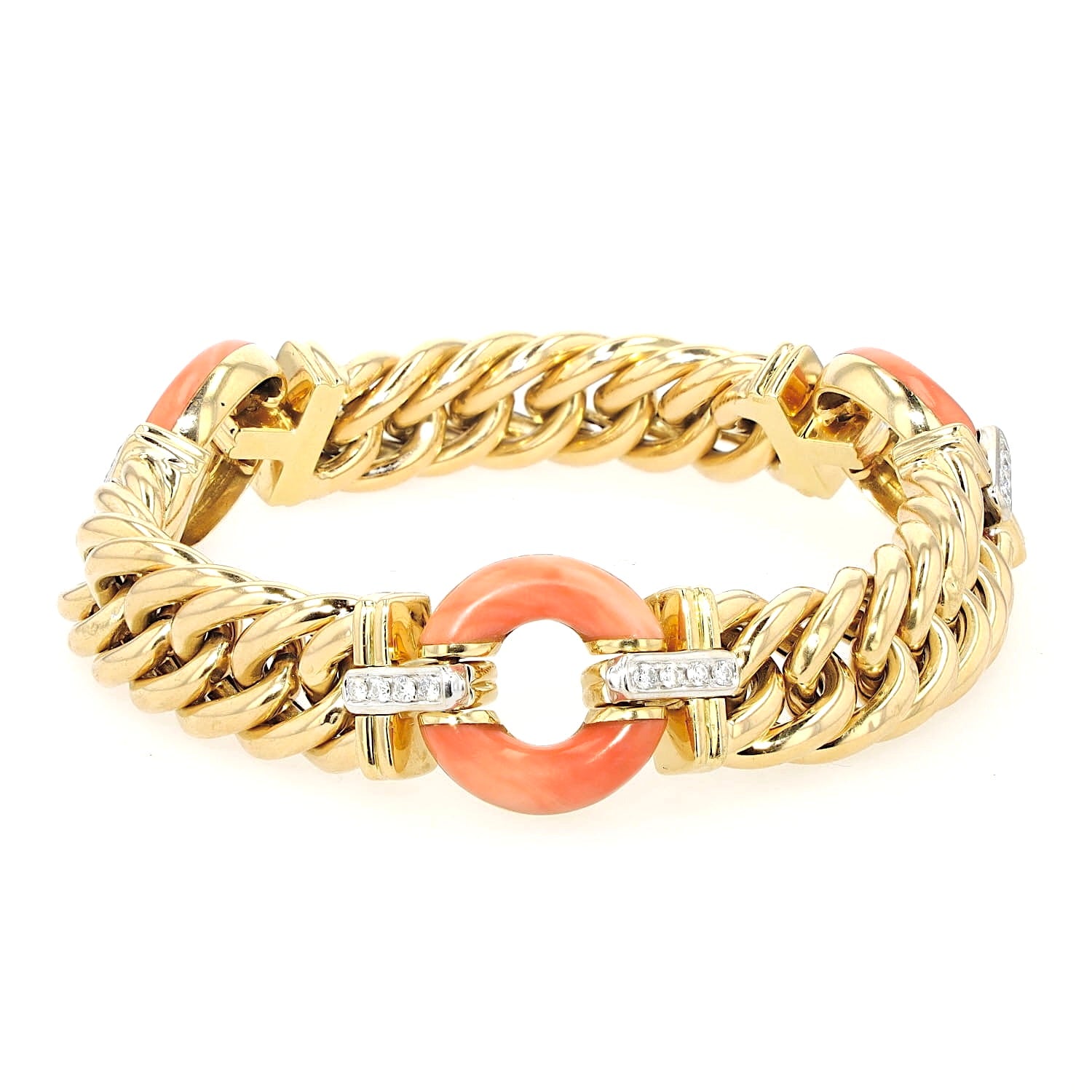 Vintage Armband in 750er Gelbgold mit Brillanten und Korallen, liegend frontal