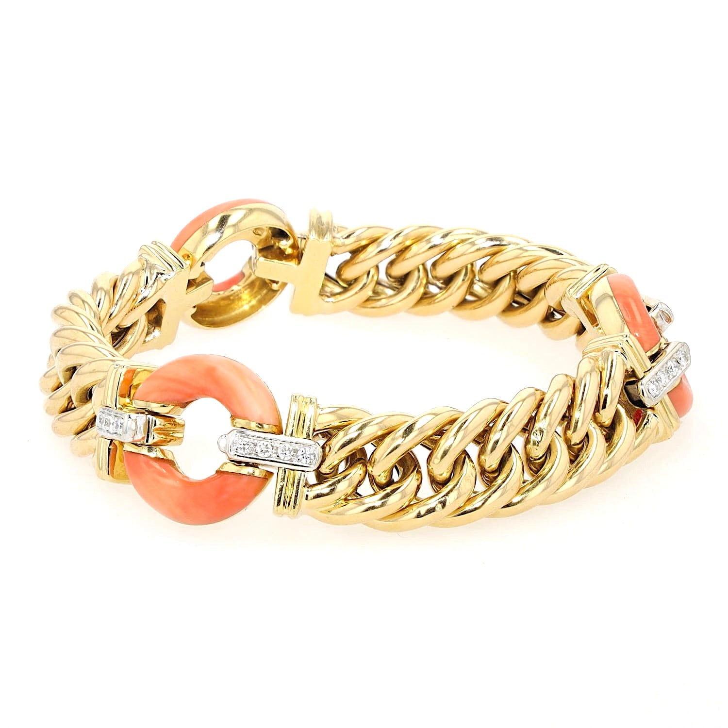 Vintage Armband in 750er Gelbgold mit Brillanten und Korallen, liegend links gedreht