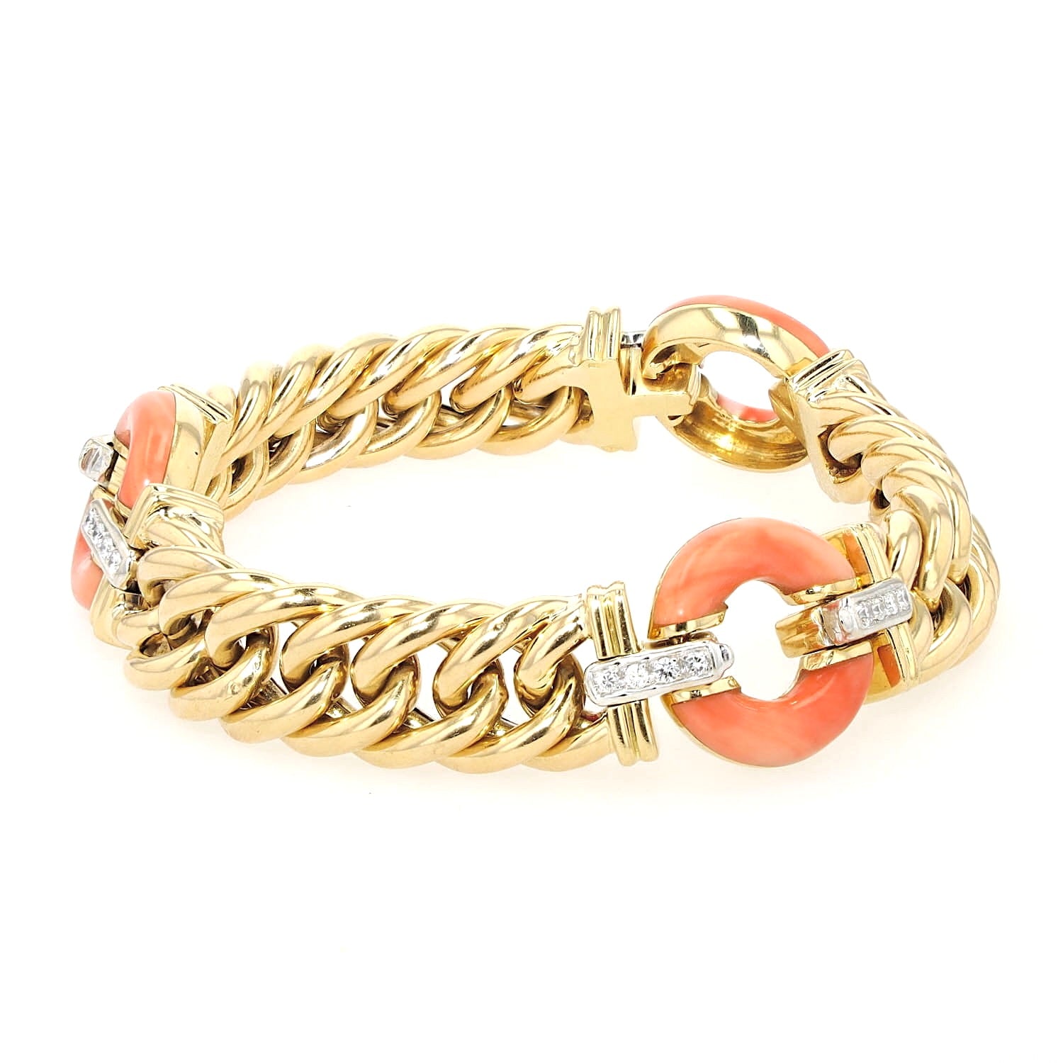 Vintage Armband in 750er Gelbgold mit Brillanten und Korallen, liegend rechts gedreht