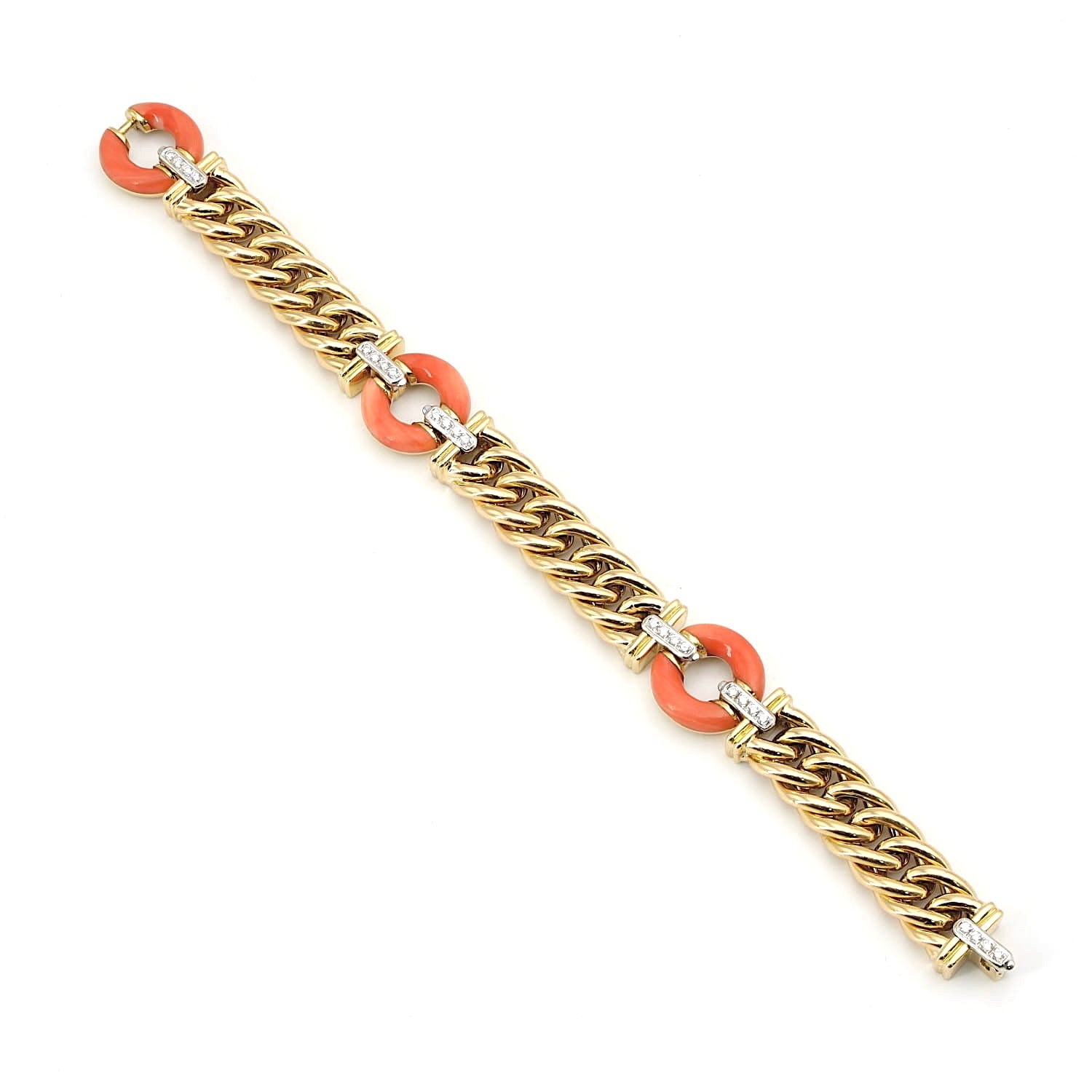 Vintage Armband in 750er Gelbgold mit Brillanten und Korallen, liegend Draufsicht