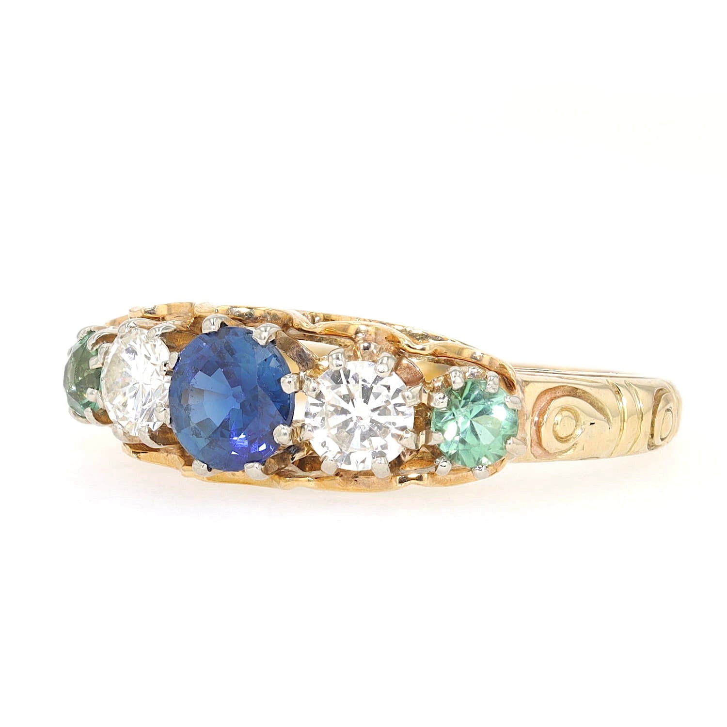 Vintage Ring in 585er Gelbgold mit zwei Brillanten, einem blauen Saphir und zwei Turmalinen, liegend links gedreht
