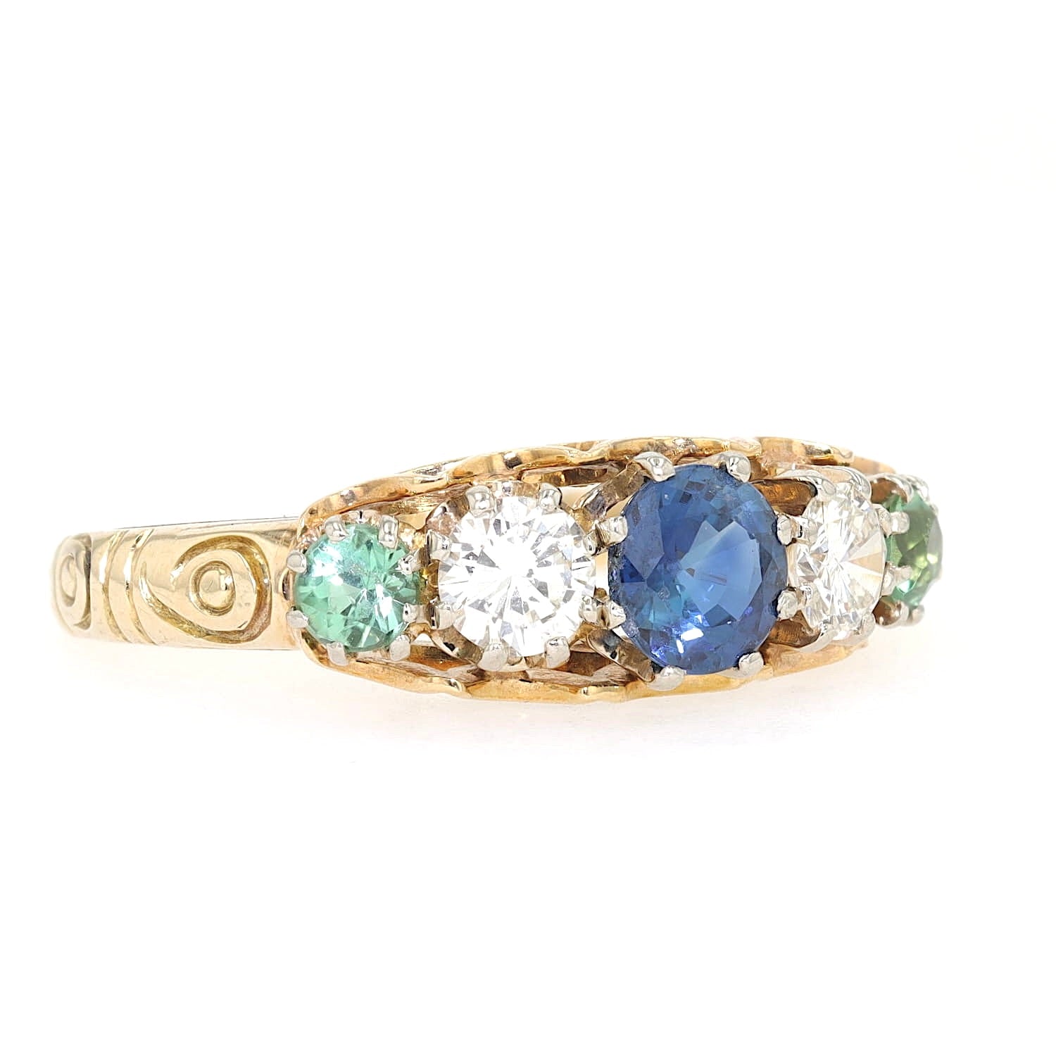 Vintage Ring in 585er Gelbgold mit zwei Brillanten, einem blauen Saphir und zwei Turmalinen, liegend rechts gedreht