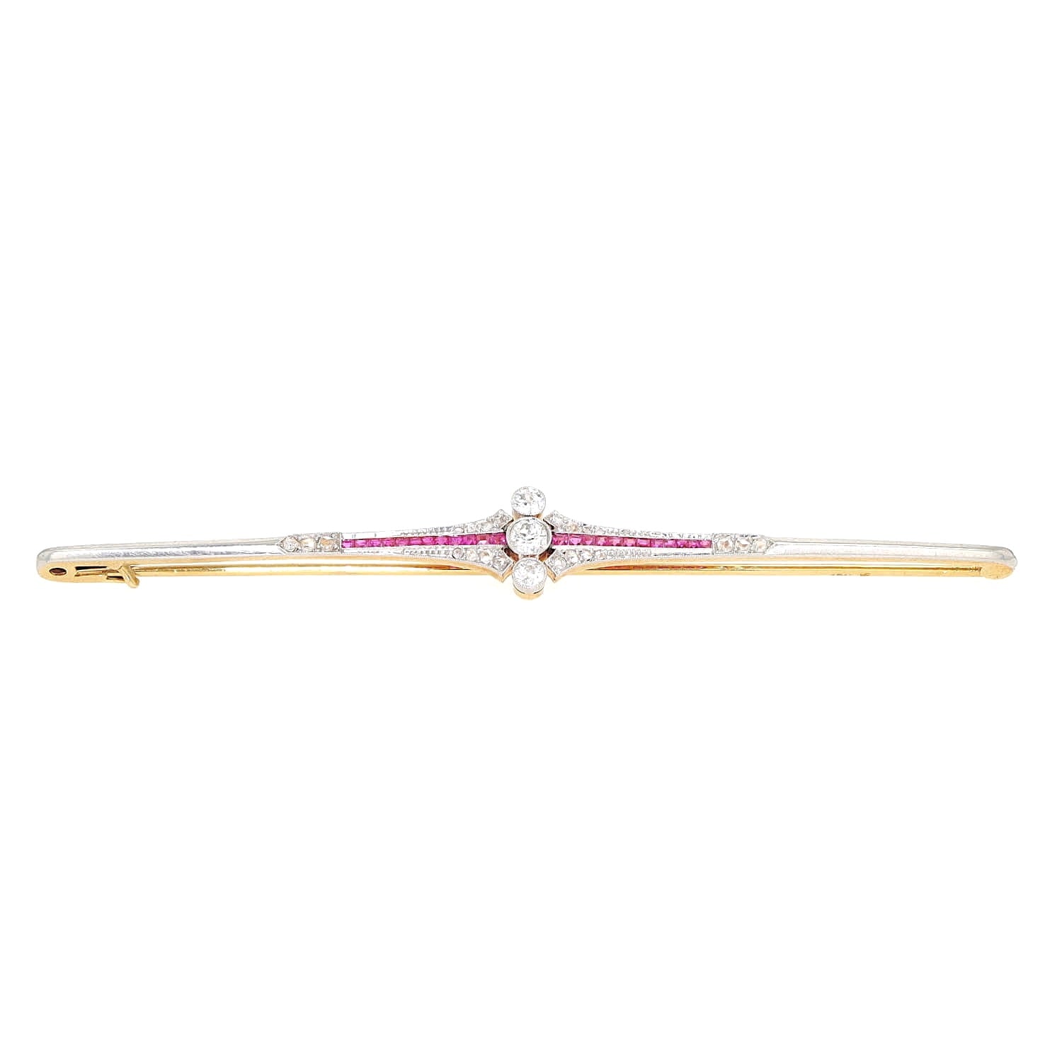 Art Deco Stabnadel aus 750er Gelbgold, platiniert mit Diamanten und Saphiren, liegend frontal