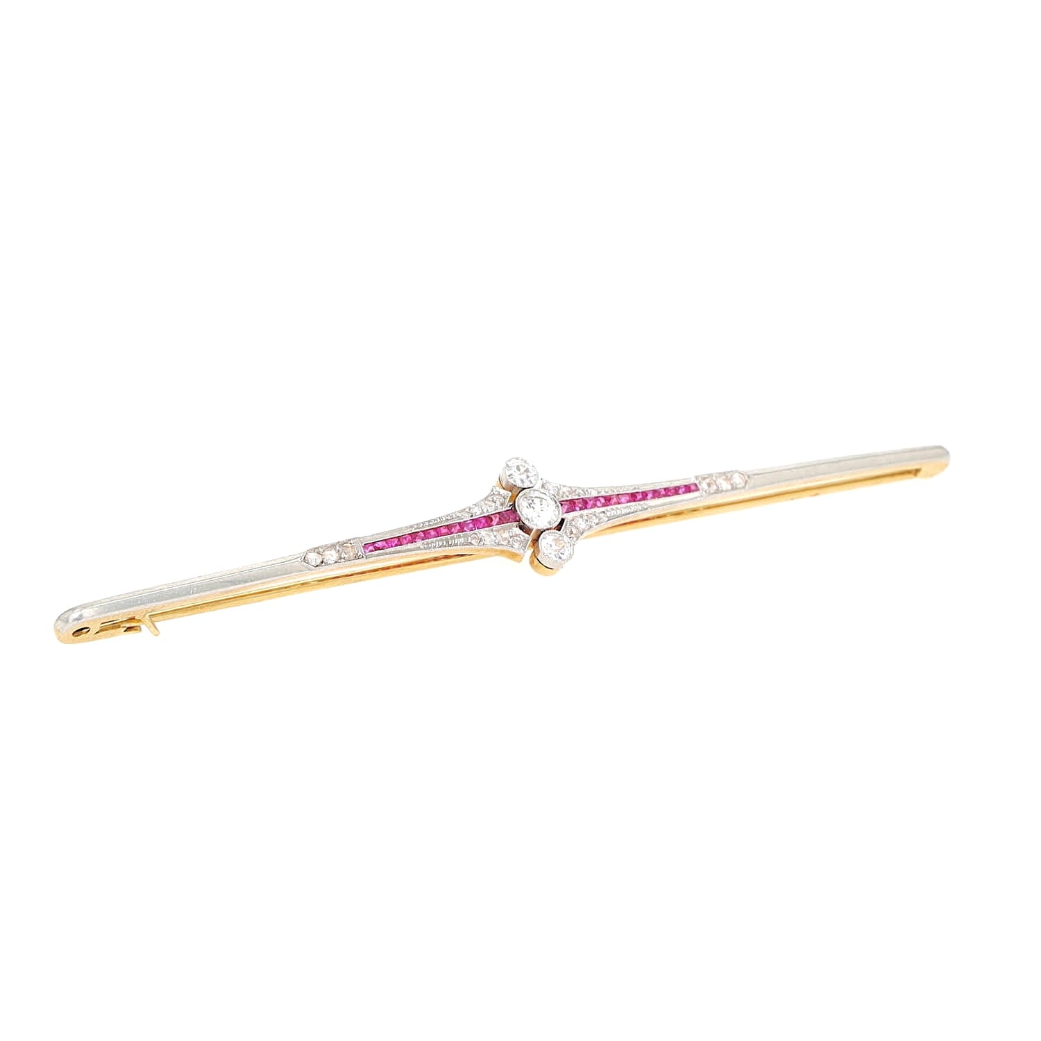 Art Deco Stabnadel aus 750er Gelbgold, platiniert mit Diamanten und Saphiren, liegend rechts gedreht