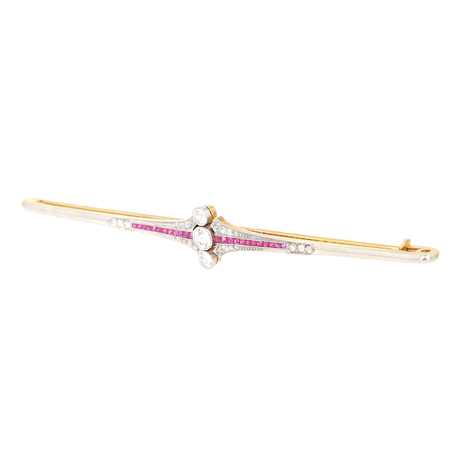 Art Deco Stabnadel aus 750er Gelbgold, platiniert mit Diamanten und Saphiren, liegend links gedreht