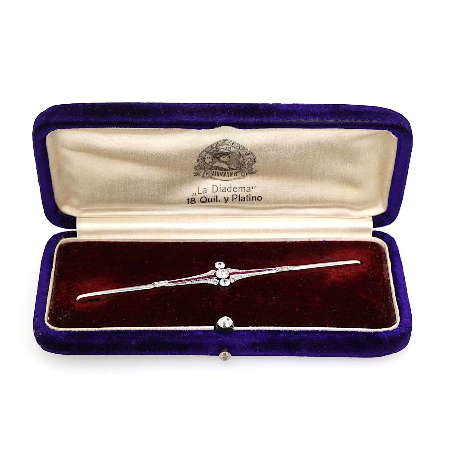 Art Deco Stabnadel aus 750er Gelbgold, platiniert mit Diamanten und Saphiren, in original Schatulle