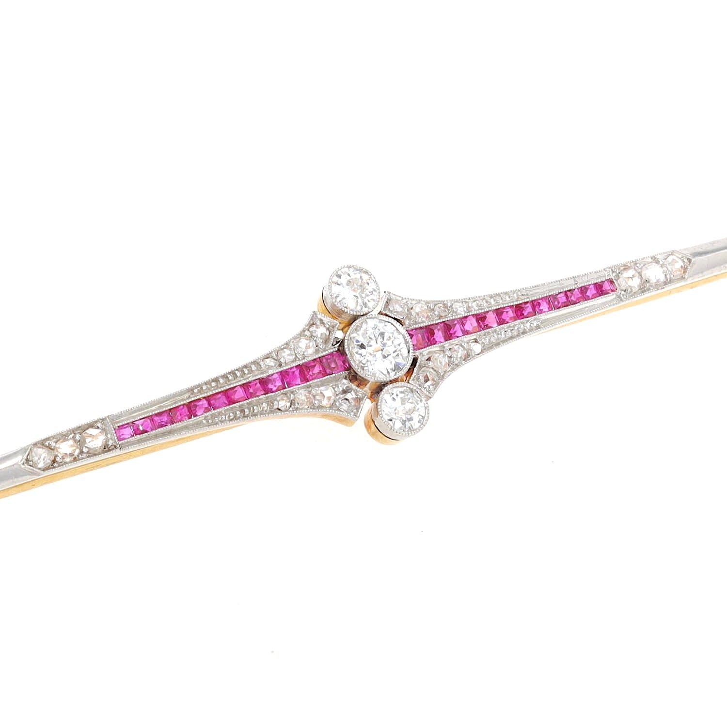 Art Deco Stabnadel aus 750er Gelbgold, platiniert mit Diamanten und Saphiren, liegend rechts gedreht