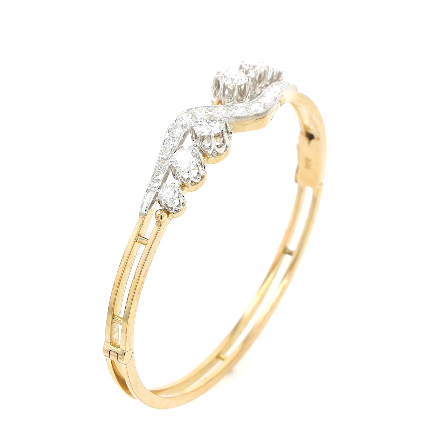 Vintage Armreif in 585er Gold mit insgesamt ca. 2,9 ct Brillanten und Diamanten, stehend etwas geneigt