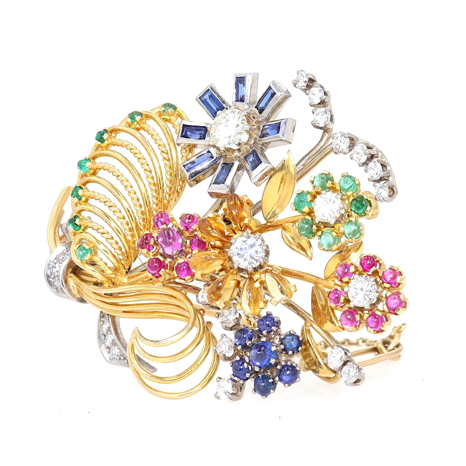Carl Bucherer Brosche aus 750er Gelb- u. Weißgold und Palladium mit bunten Edelsteinen, Brillanten und Diamanten, stehend inks gedreht