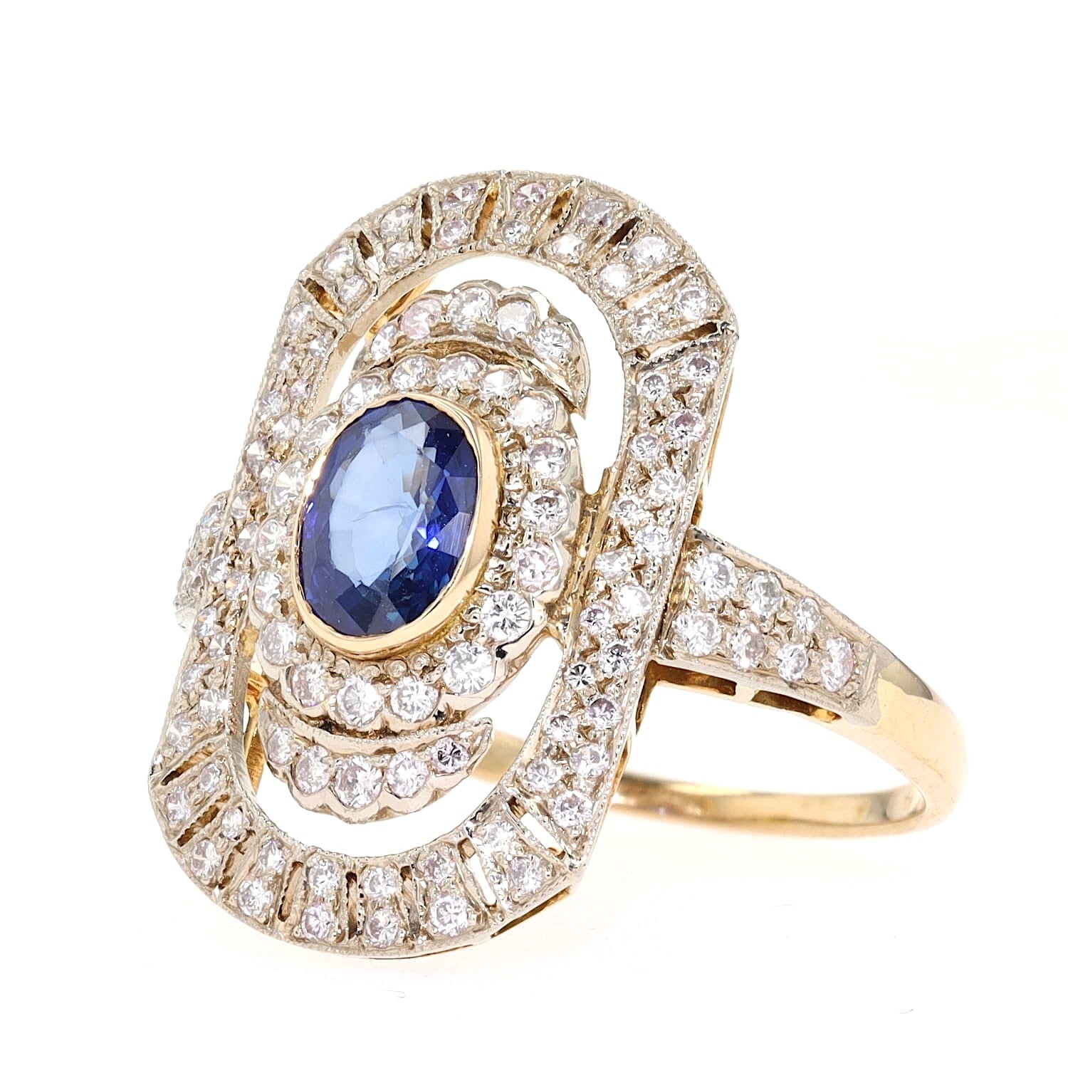 Art-Déco Ring in 750er Gold mit einem blauen Saphir und Brillanten, liegend von vorne leicht links gedreht