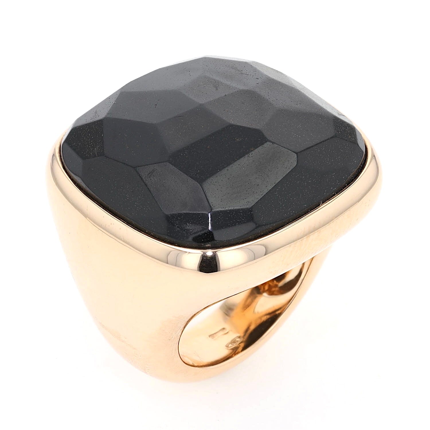 Pomellato Ring in 750er Roségold mit einem großen Gagat, stehend Draufsicht