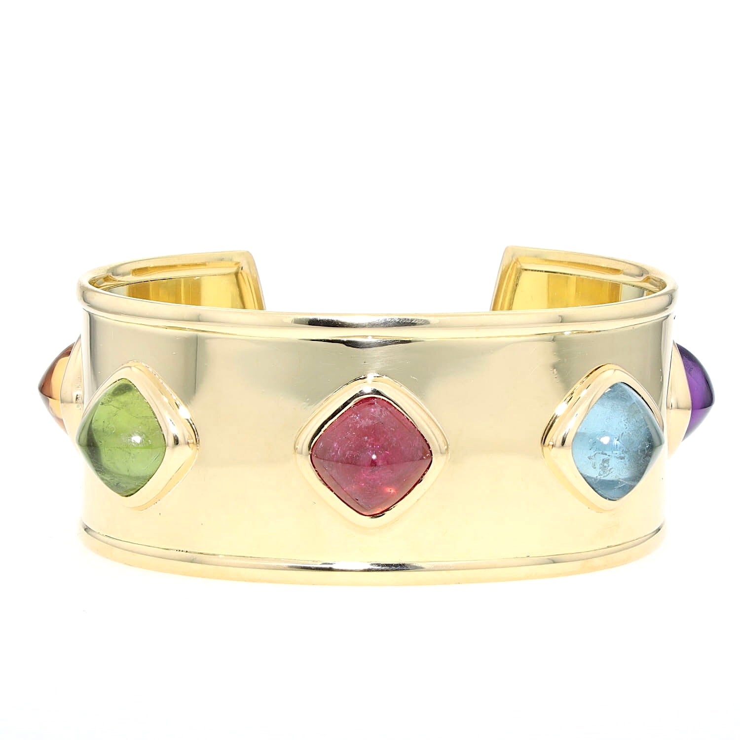 Designer-Armreif aus 750er Gelbgold mit Amethyst, Aquamarin, Rubellit, grüner Turmalin und Citrin, liegend frontal