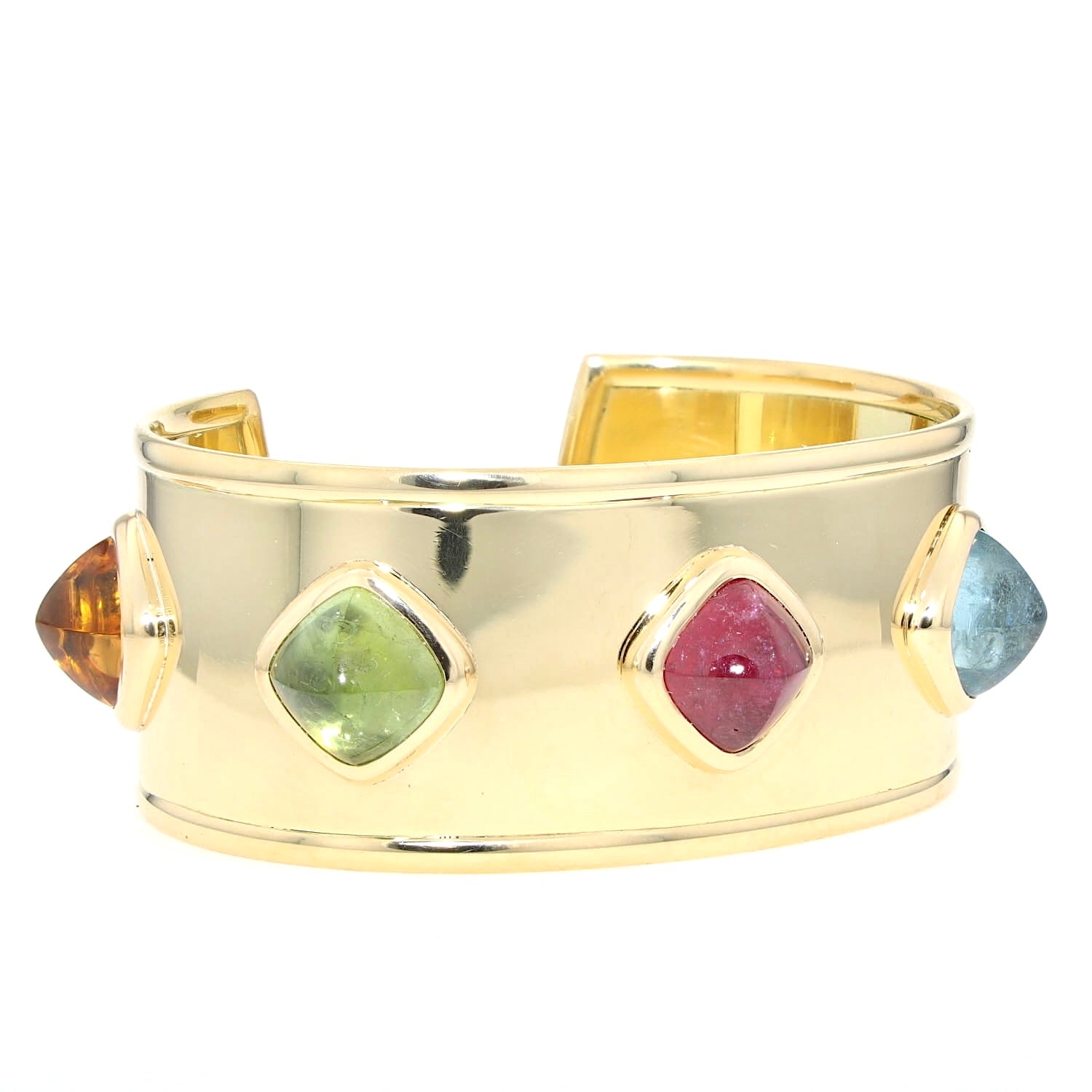 Designer-Armreif aus 750er Gelbgold mit Amethyst, Aquamarin, Rubellit, grünem Turmalin und Citrin, liegend rechts gedreht