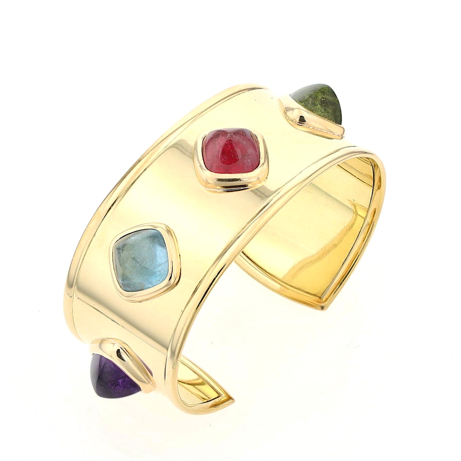 Designer-Armreif aus 750er Gelbgold mit Amethyst, Aquamarin, Rubellit, grünem Turmalin und Citrin, Stehend links