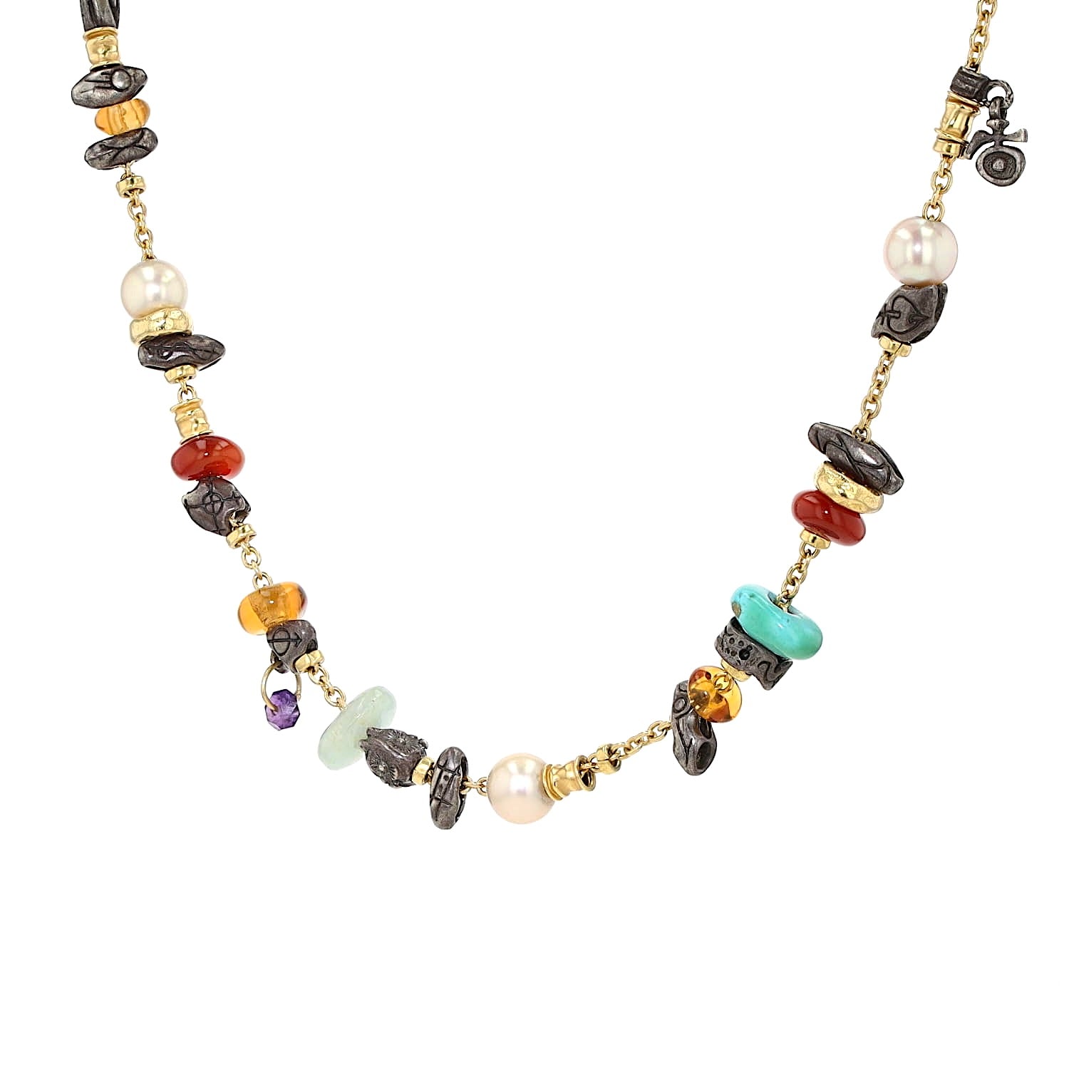 Misani Kette in 750er Gelbgold und 925er Silber mit bunten Edelsteinen und Perlen, hängend links gedreht