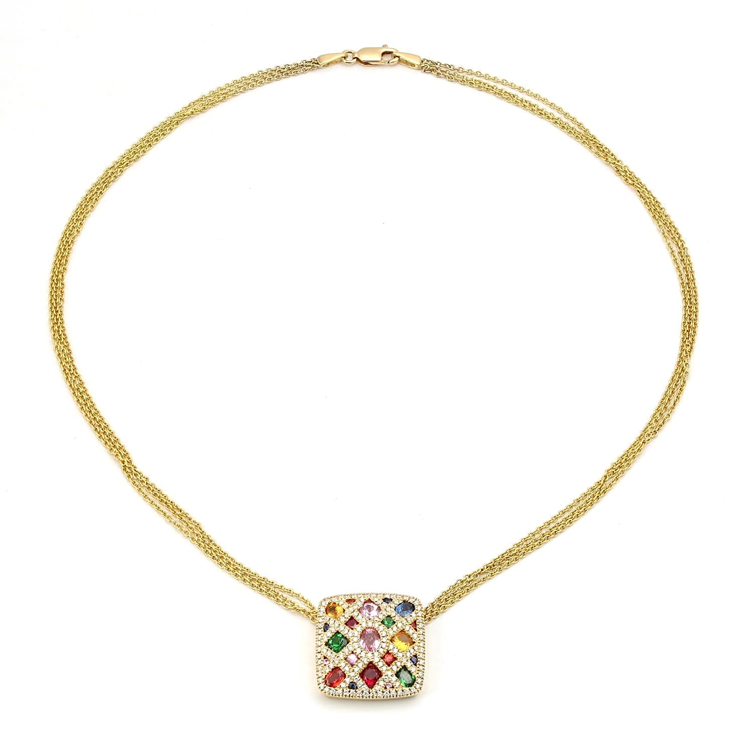 Edles Collier aus 750er Gelbgold mit Brillanten, bunten Saphiren, Rubinen und Tsavorithen, liegend geschlossen