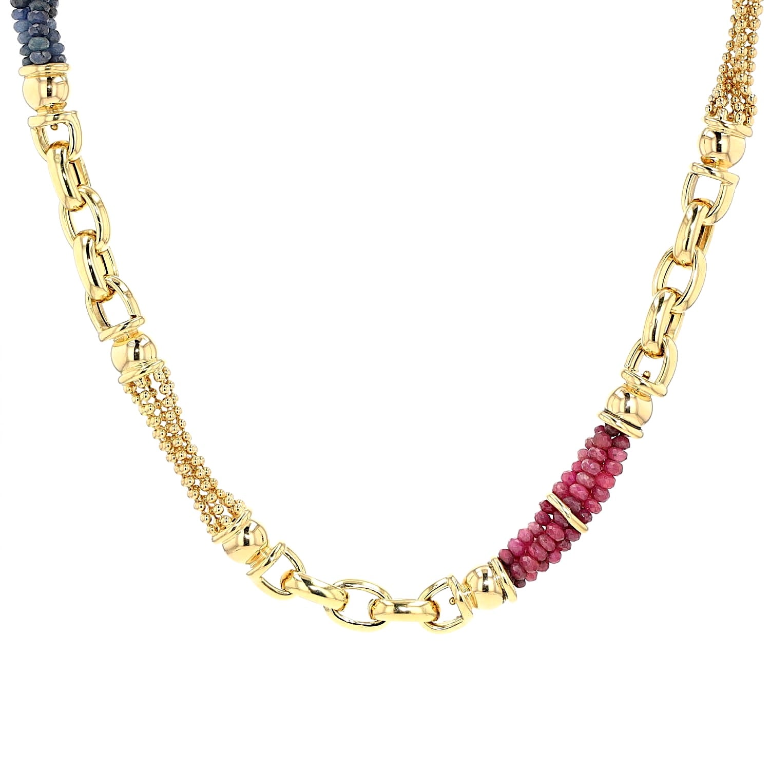 Exclusive italienische Kette in 750er Gelbgold mit Rubinen und blauen Saphiren, hängend frontal
