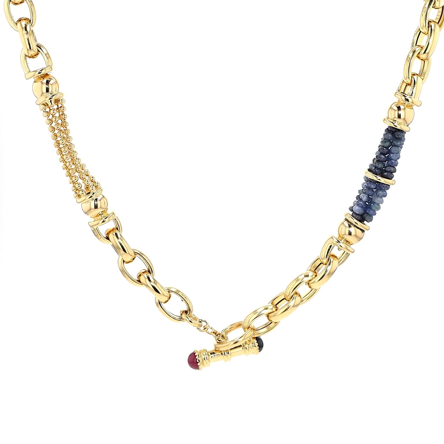 Exclusive italienische Kette in 750er Gelbgold mit Rubinen und blauen Saphiren, hängend frontal Schloss vorne