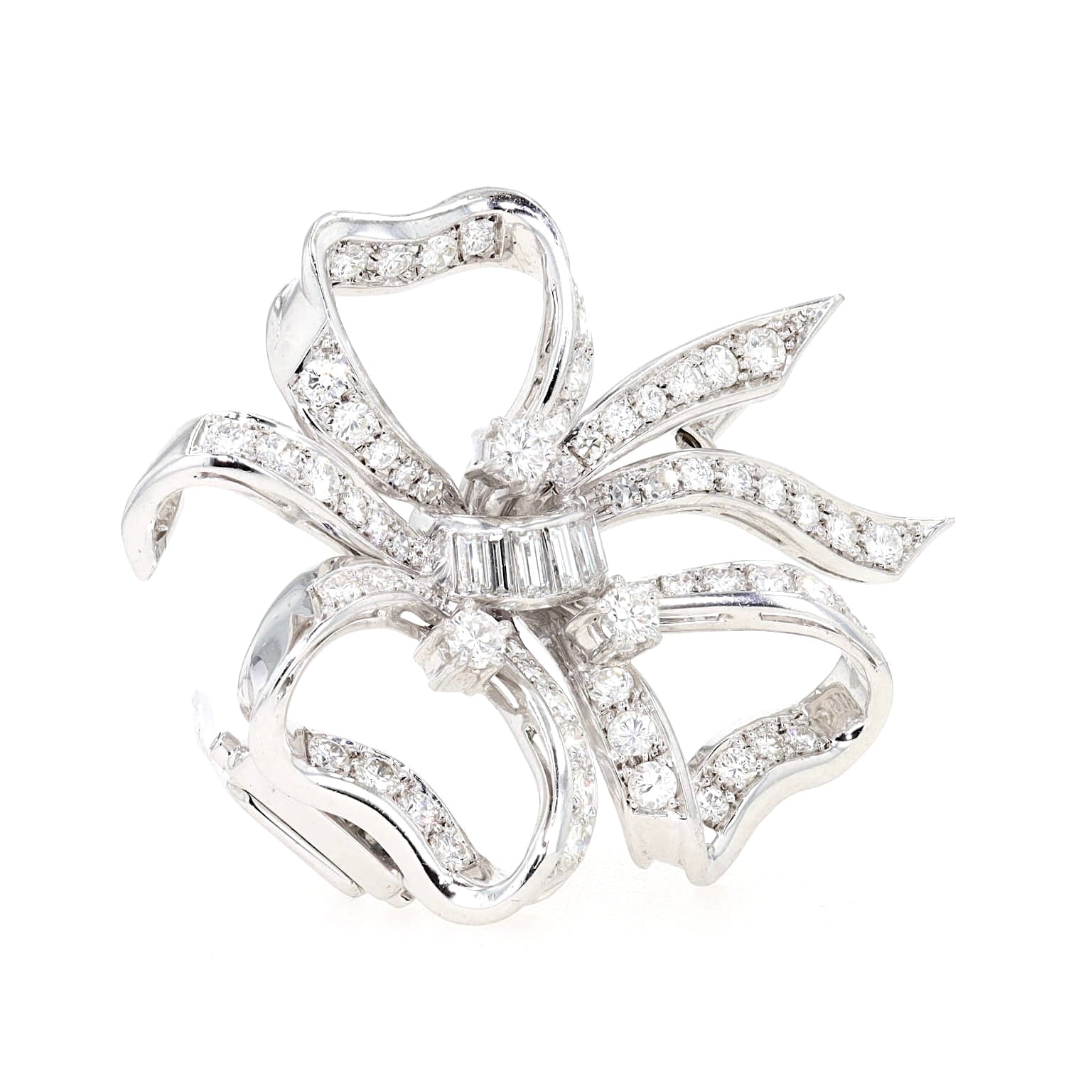 Schleifenbrosche in 750er Weißgold mit insgesamt ca. 1,9 ct Brillanten und Diamanten, stehend inks gedreht