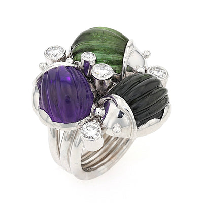 Ring in 750er Gold rhodiniert mit Amethyst, Turmalinen und Brillanten