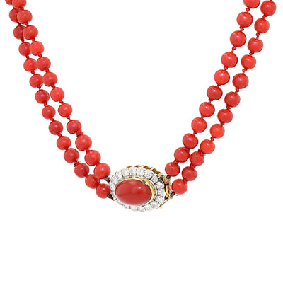 Vintage necklace with precious corals and a lock in 750 yellow gold with a total of approx. 1.8 ct brilliants