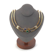 Exquisite 900 gold necklace with brilliants, 1 emerald, 3 sapphires and 1 sapphire. Ruby