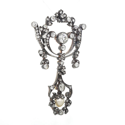 Victorian brooch in 585 gold and silver with a total of approx. 2.8 ct diamonds and a natural pearl