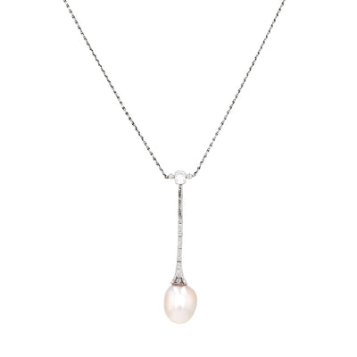 Art Deco necklace in platinum with a large natural pearl and diamonds