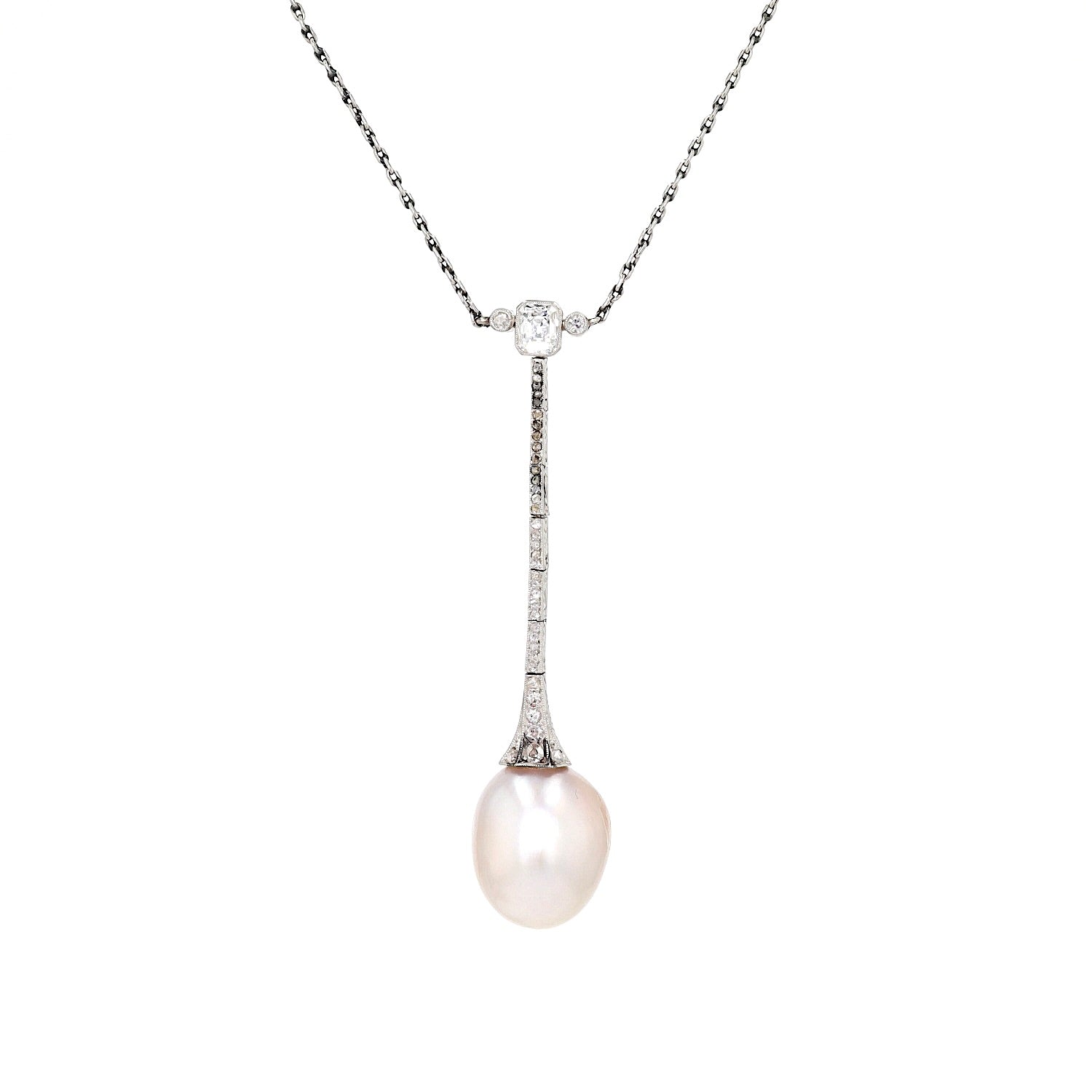 Art Deco Collier aus Platin mit einer großen natürlichen Perle und Diamanten